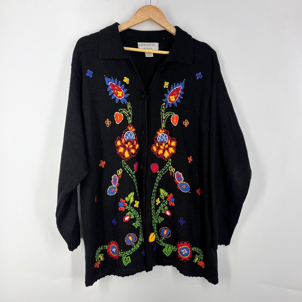 Arriviste Woman Vintage Black Floral Embroidered Beaded Knit Cardigan Sweater L‎